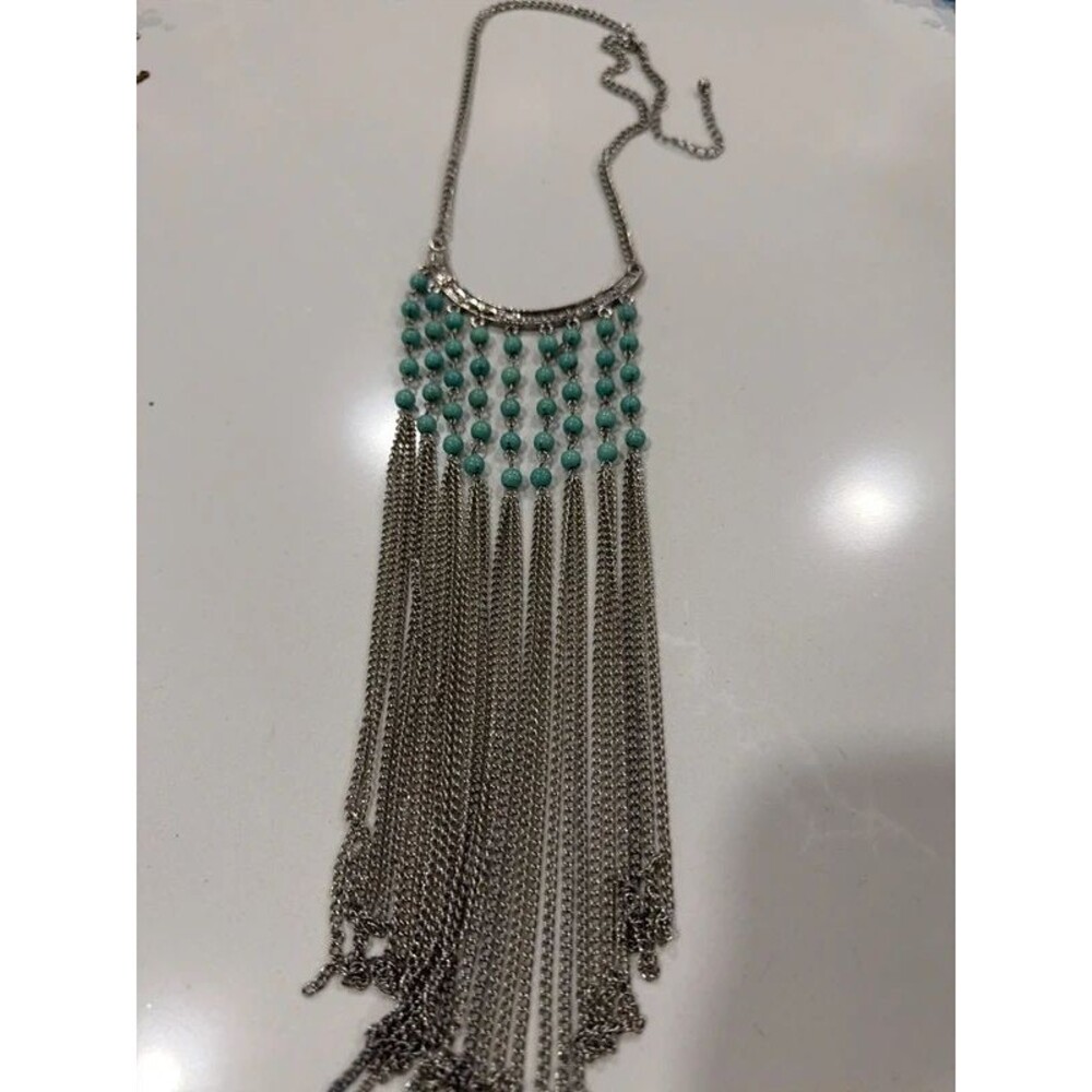 VTG Style Turquoise Bead Silver Tone Chain Statement Western Country Necklace
